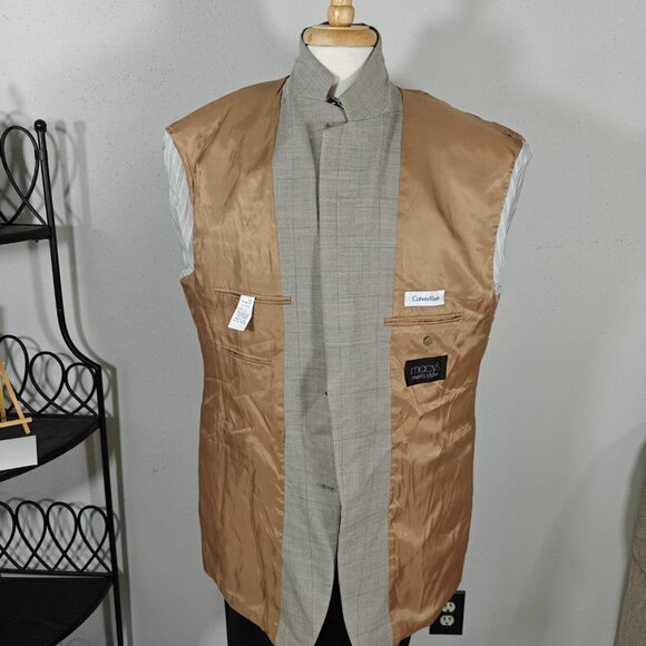 Calvin‎ Klein Men's Sport Coat Blazer Two Button Taupe Grayish Plaid Wool Sz 46L - Picture 15 of 16